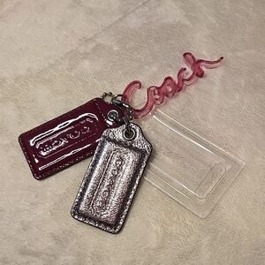 Coach 4pcs. Hang Tag Set Of PVC Logo And Clear Tag + Silver And Burgundy Leather